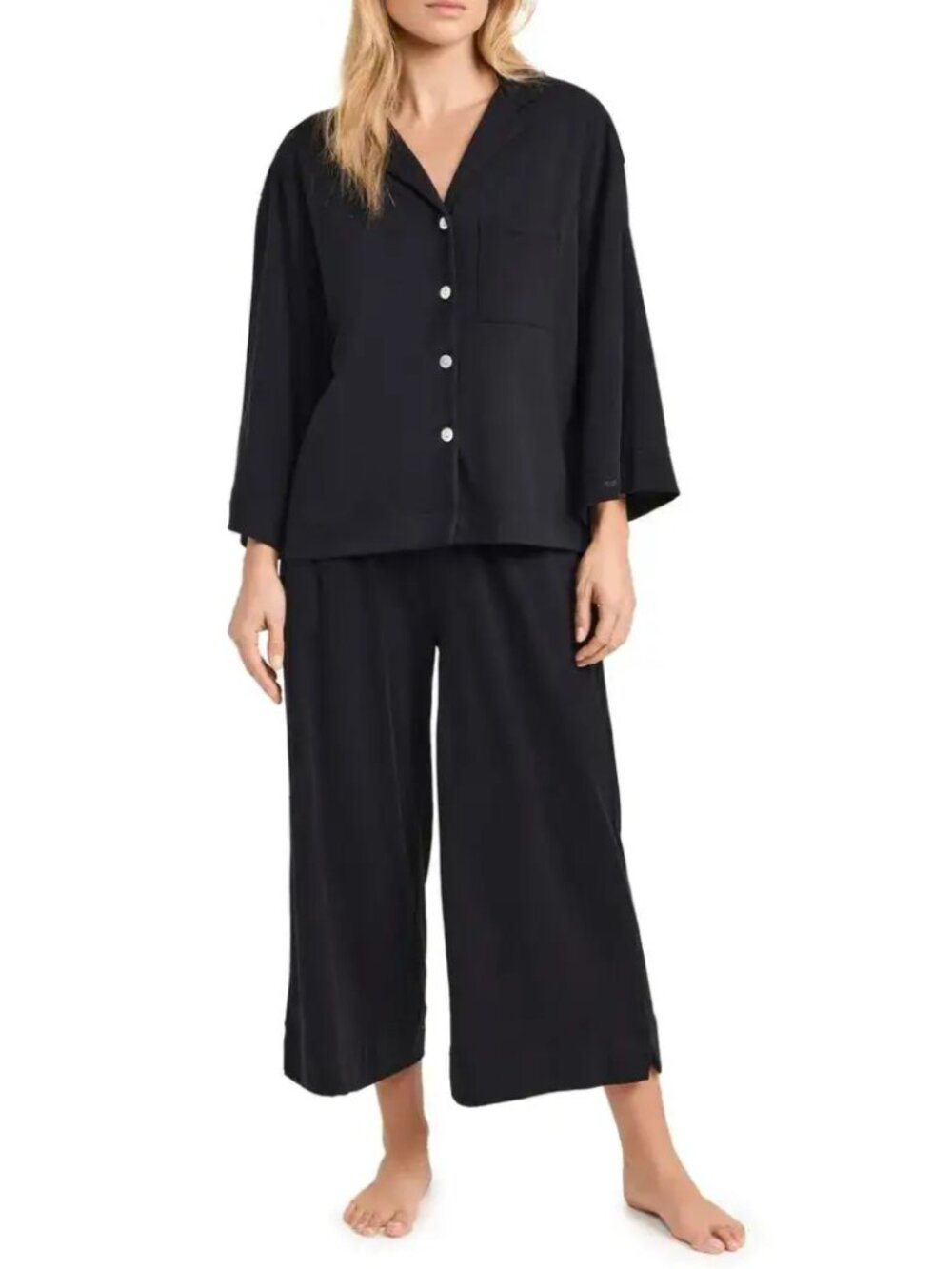 Petite Plume Luxe Pima Cotton Wide Leg Pajama SET Black Lounge PJ Womens Size S
